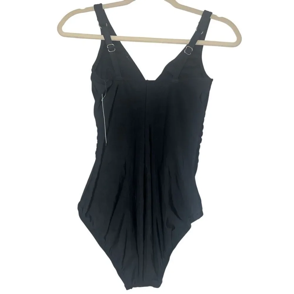 ✨Aqua Green Women's Surplice Trim Overlay Sz Small Black One Piece✨